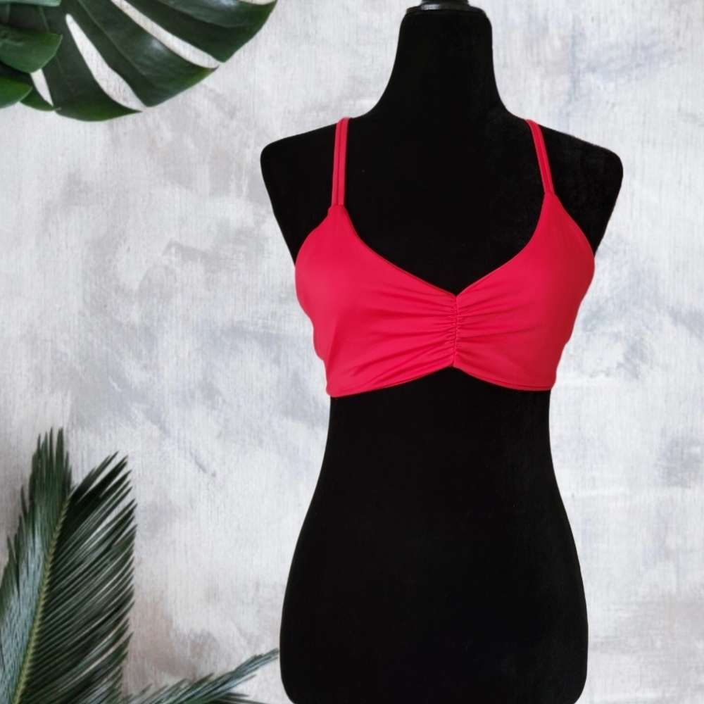 Red  Fuller coverage triangle Bikini top. Straps cross and tie in back